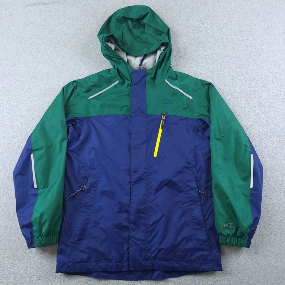 L.L.Bean Trail Model Rain Jacket Boys M 10-12 Blue Green TEK Hooded Packable